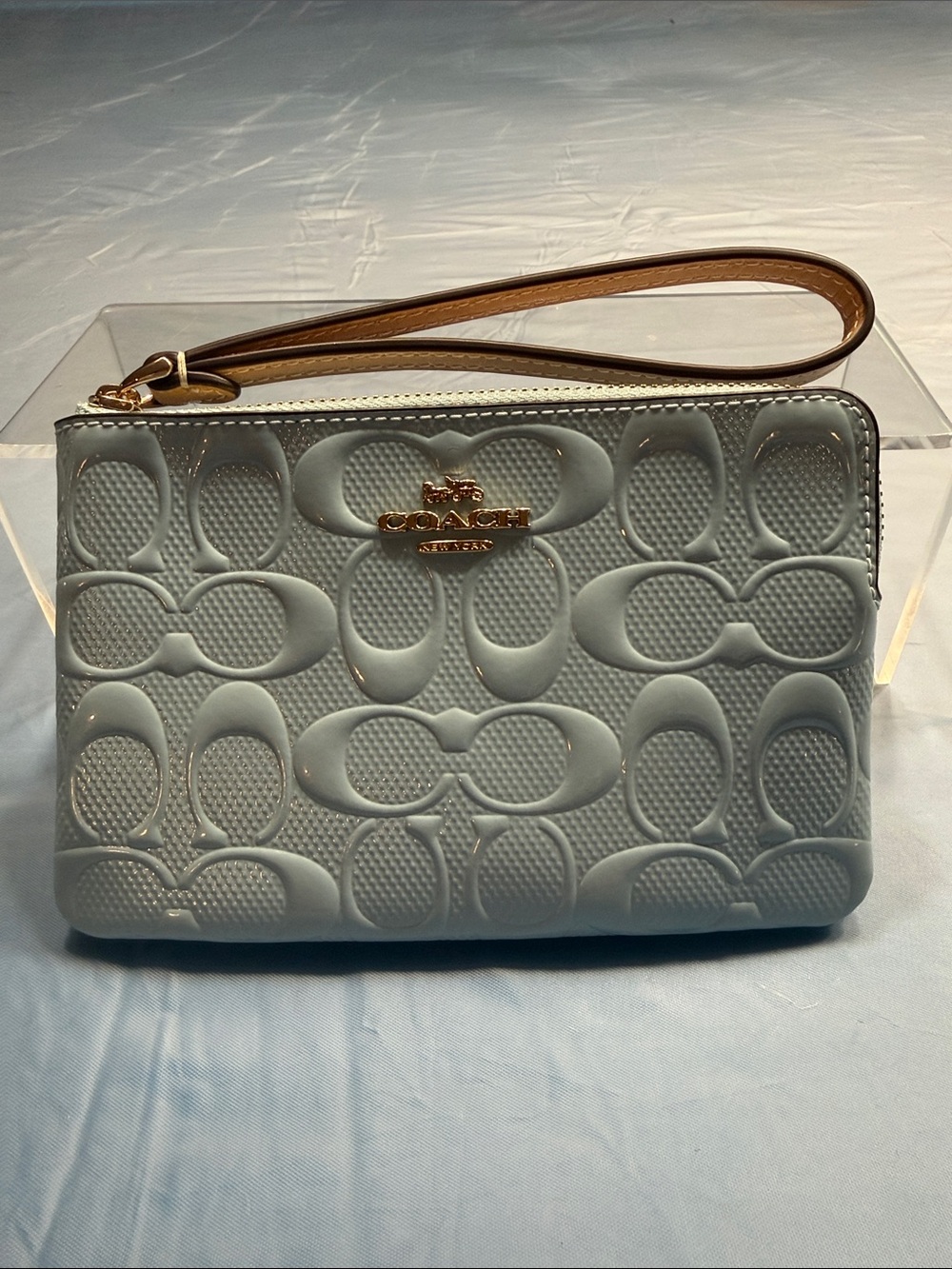 COACH Light Blue Embossed Signature Wristlet with Tan Strap - Picture 2 of 7